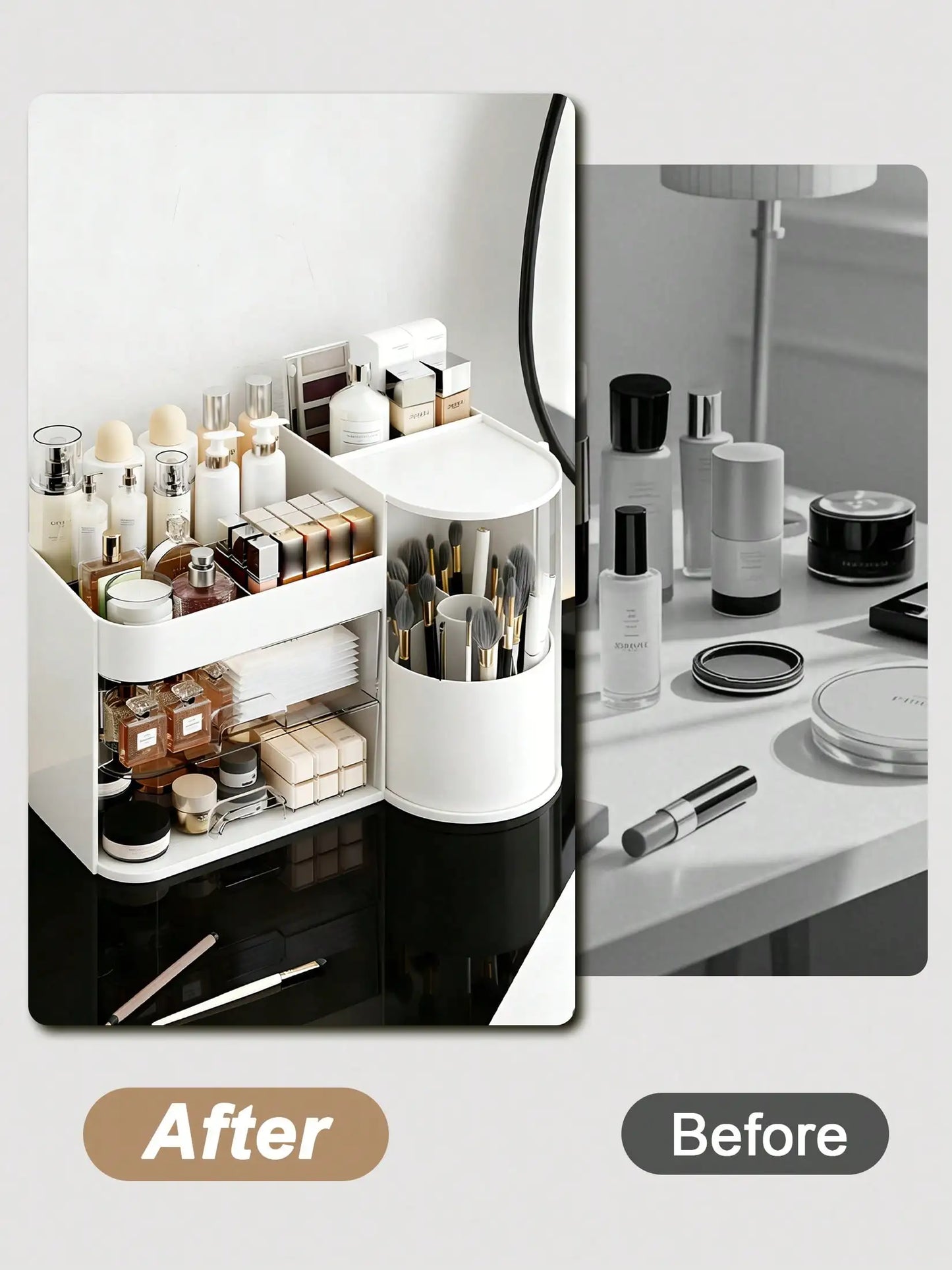 2-Tier Rotating Makeup Organizer with Brush Holder, Large Capacity Skincare Storage Box for Bathroom Countertop Vanity Dresser, White