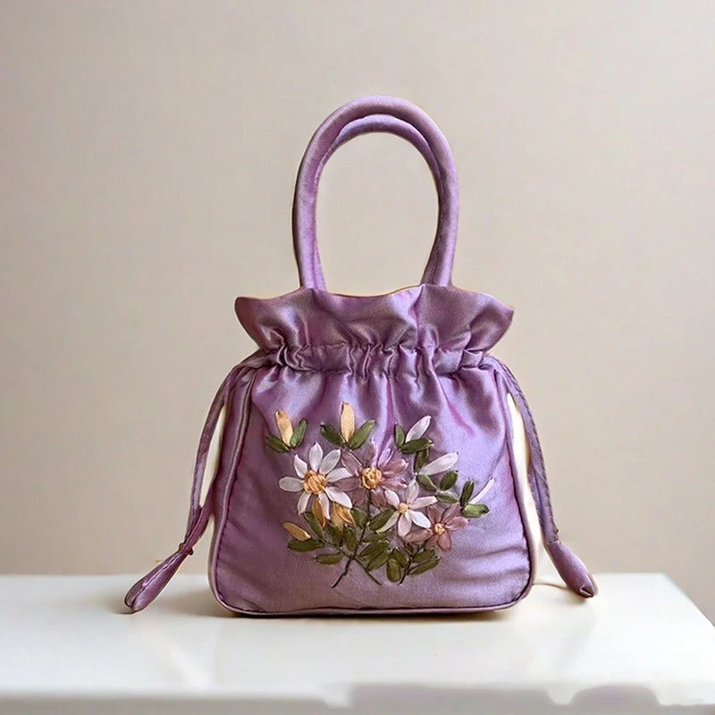 National Style Embroidered Flower Bucket Bag With Drawstring