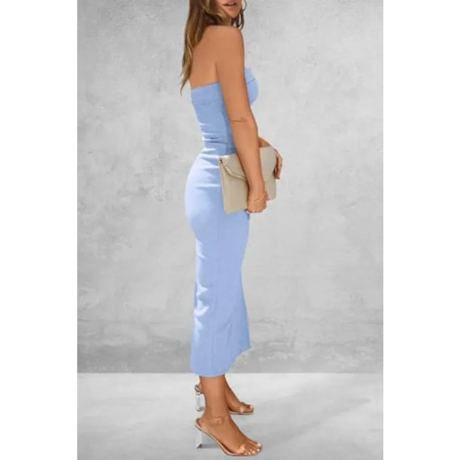 Women Ribbed Tube Dress With Side Slit Casual Bodycon