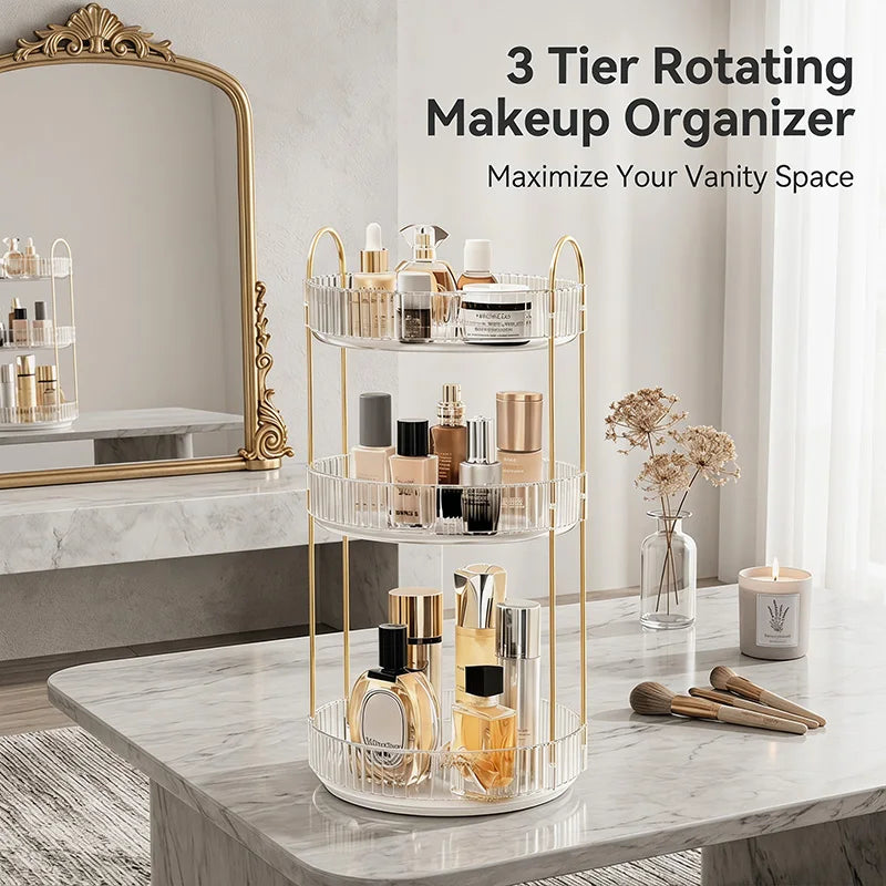 360 Rotating Makeup Organizer,3-2 Tier Large Capacity Make Up Organizers and Storage,Skincare Perfume Vanity Organizers,Bathroom Cosmetics Storage Organizer Countertop(Clear)