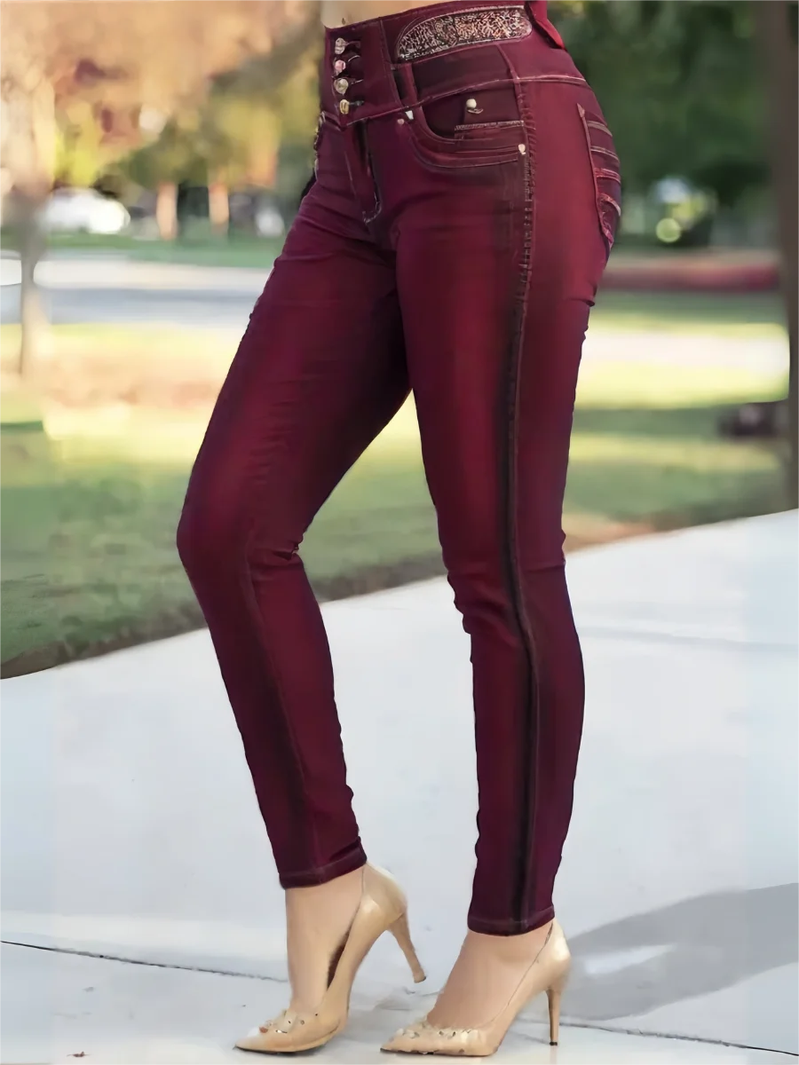 【HME】Jeans | High Waist Butt‑Lifting Denim Pants, Ladies Multi‑Button Skinny Denim Jeans With Waist Rhinestone Embroidery Detail, Curvy Slim Pants, Burgundy Washed Denim For Night‑out Casual Wear