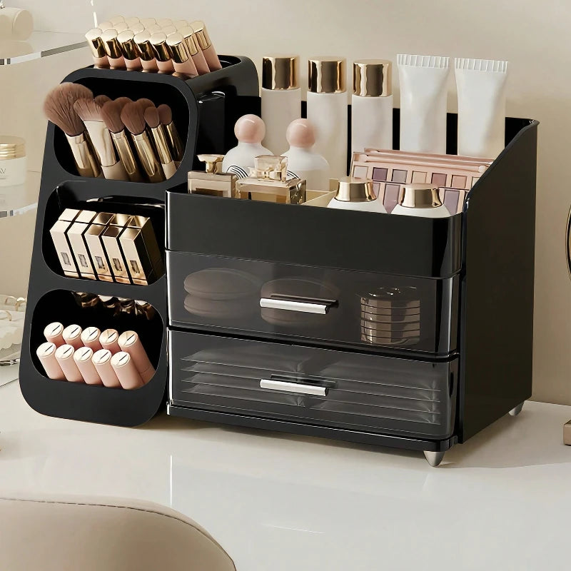 Makeup Organizer with Brush Holder & Drawers, Large Capacity Cosmetic Storage for Vanity Bathroom Countertop, Skincare Lipstick Display Stand