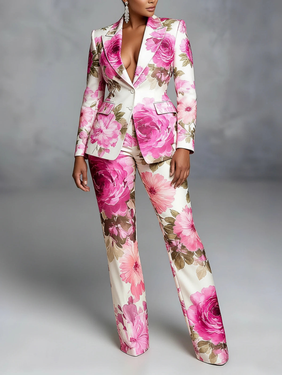 Women's Long Sleeve Printed Notched Lapel Blazer Pants Set