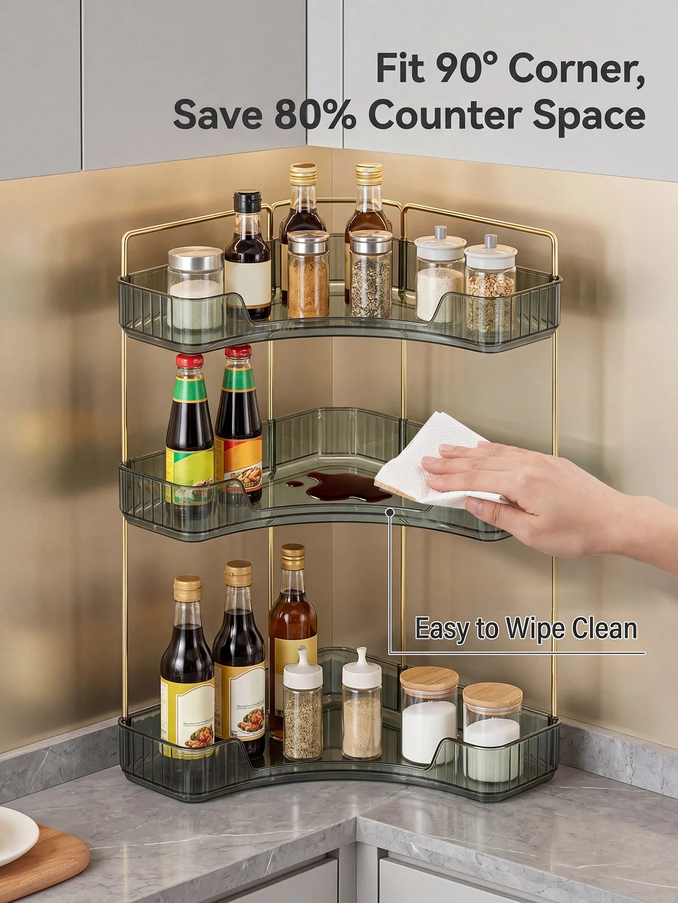 Corner Bathroom Countertop Organizer Three Bathroom Storage Rack | Countertop Storage with Hooks Perfume Organizer Cosmetics and Skincare Storage Rack - Gray-Green Tone