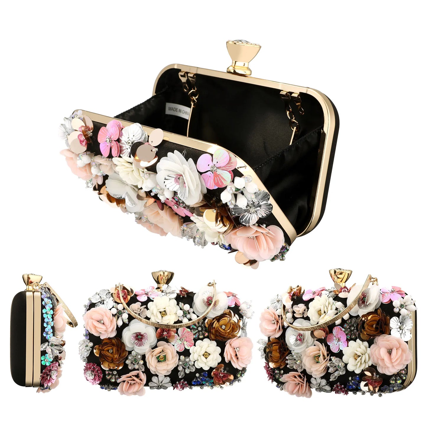 Luxury Women's Evening Clutch Bag With Flower Beading And Chain Handle