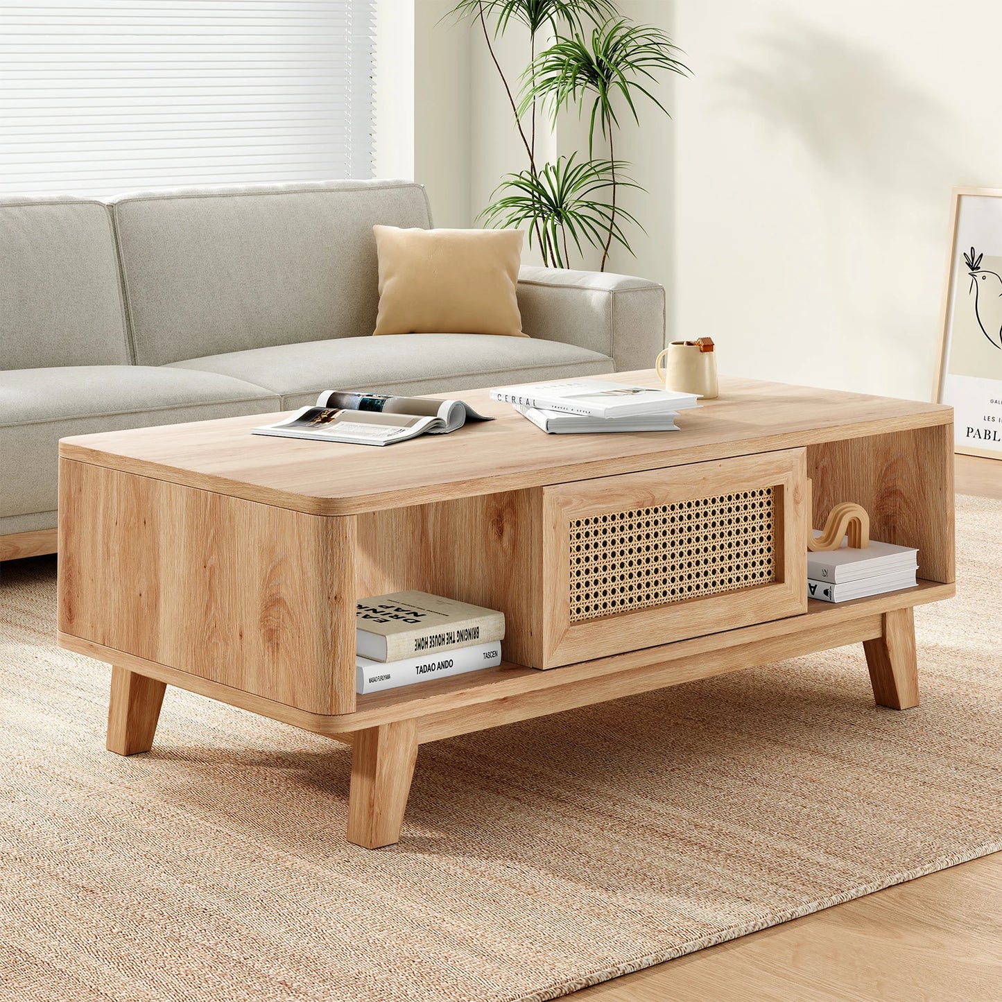 Farini Mid Century Modern Coffee Table with Rattan Drawer, Wood Storage Table for Living Room, Farmhouse Home Furniture