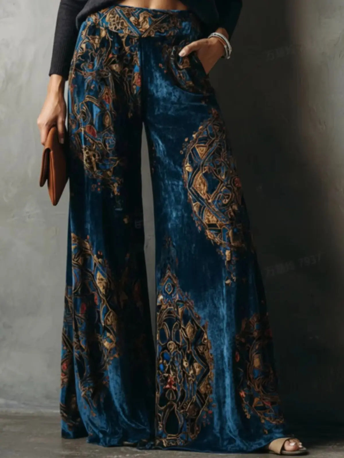 Vintage Geometric Print High Waist Wide Leg Pants For Women Retro Loose Flowy Floor Length Casual Trousers