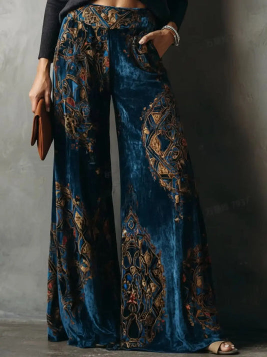 Vintage Geometric Print High Waist Wide Leg Pants For Women Retro Loose Flowy Floor Length Casual Trousers