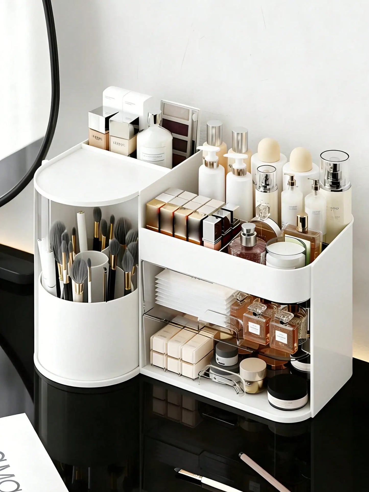 2-Tier Rotating Makeup Organizer with Brush Holder, Large Capacity Skincare Storage Box for Bathroom Countertop Vanity Dresser, White