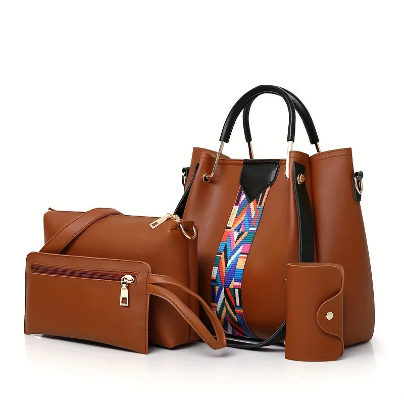PU Leather 4 Piece Women's Handbag Set Tote Crossbody Clutch