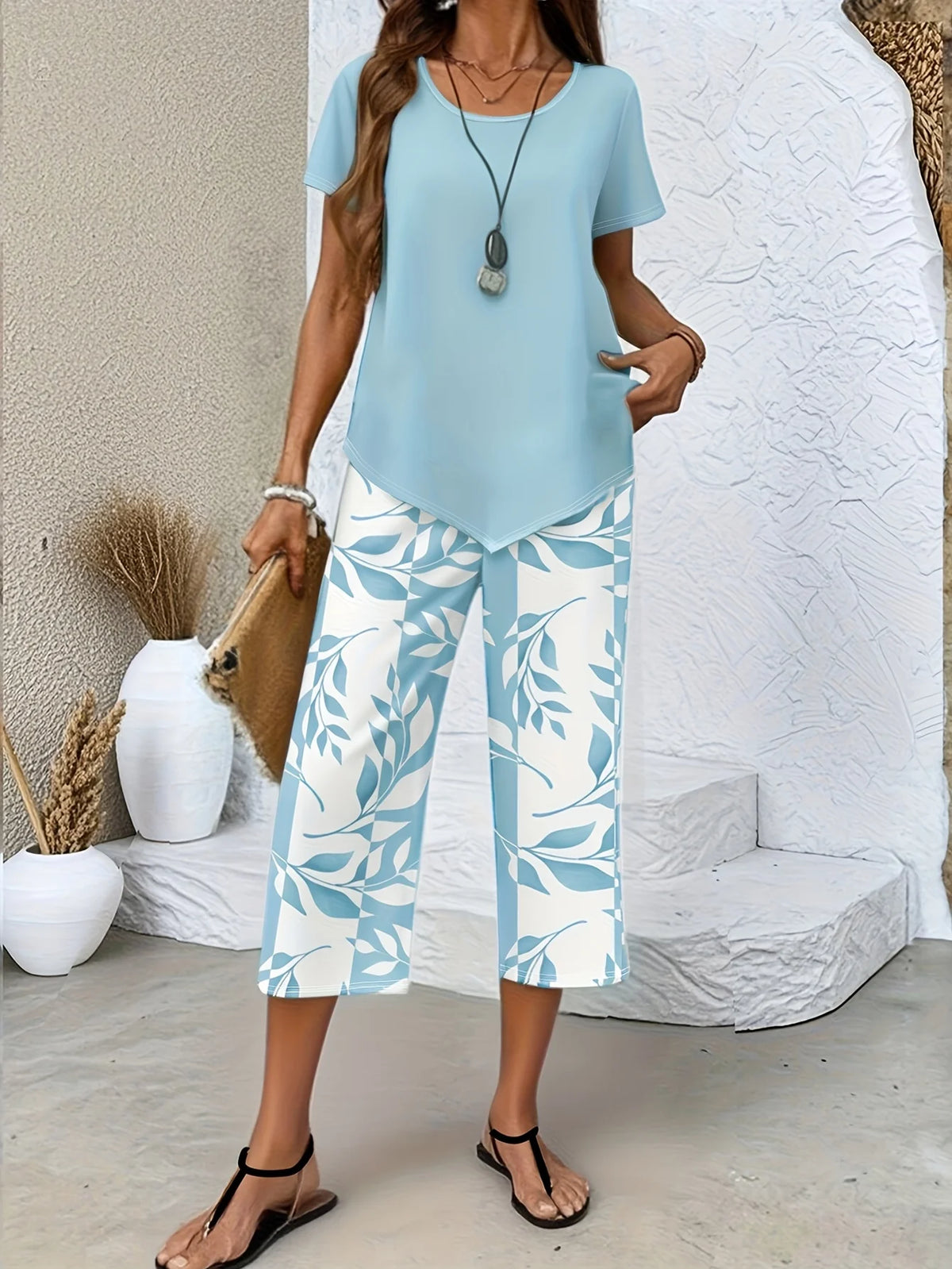 QQRRGK Women Casual Leaf Print Two Piece Pants Set