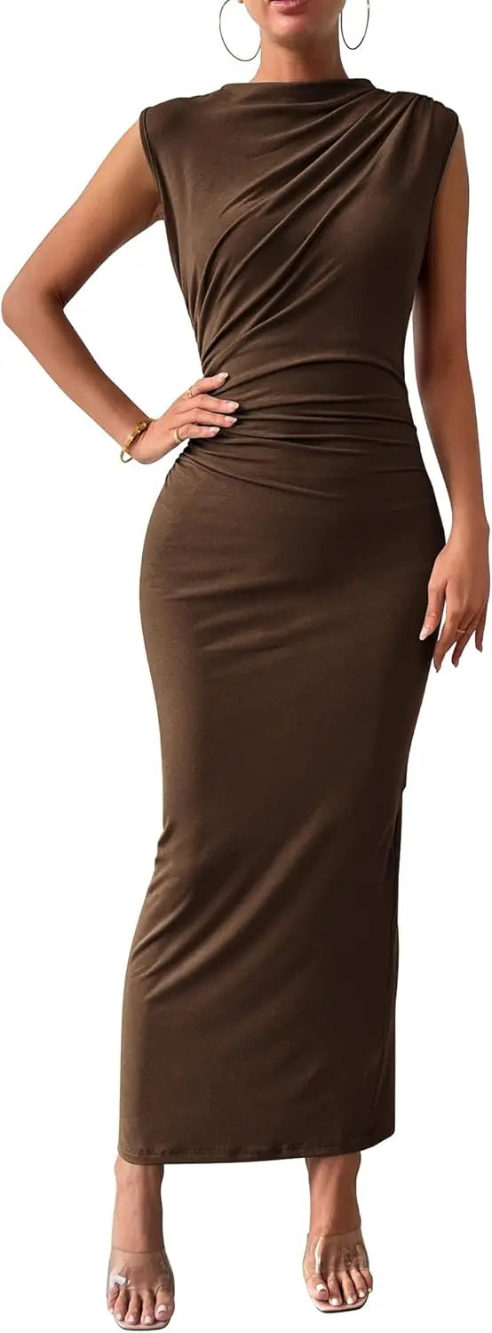 Women Ruched Bodycon Maxi Dress Sleeveless Elegant Party Cocktail Gown