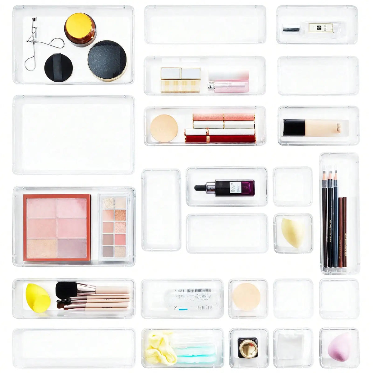25-Piece Clear Drawer Organizer Set, Plastic Dividers Storage Box for Makeup Jewelry Gadgets, Versatile Desk Dresser Bathroom Dormitory Organizer
