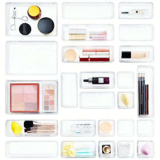 25-Piece Clear Drawer Organizer Set, Plastic Dividers Storage Box for Makeup Jewelry Gadgets, Versatile Desk Dresser Bathroom Dormitory Organizer