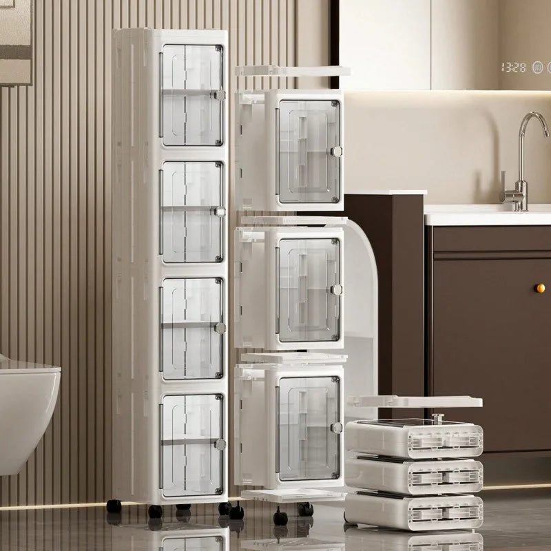 5-Tiers Slim Bathroom Storage Cabinet, Foldable Storage Cabinets,Narrow Bathroom Storage,Movable Bathroom Storage Organizer for Small Spaces,Bathroom,Kitchen,Laundry,White