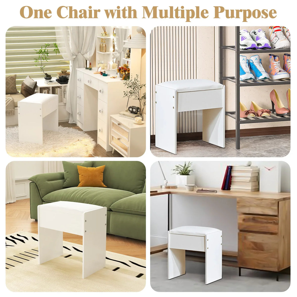 Elegant Padded Makeup Vanity Stool with Sturdy Wooden Legs, Dressing Chair Bench, Easy Assembly for Bedroom Vanity Table