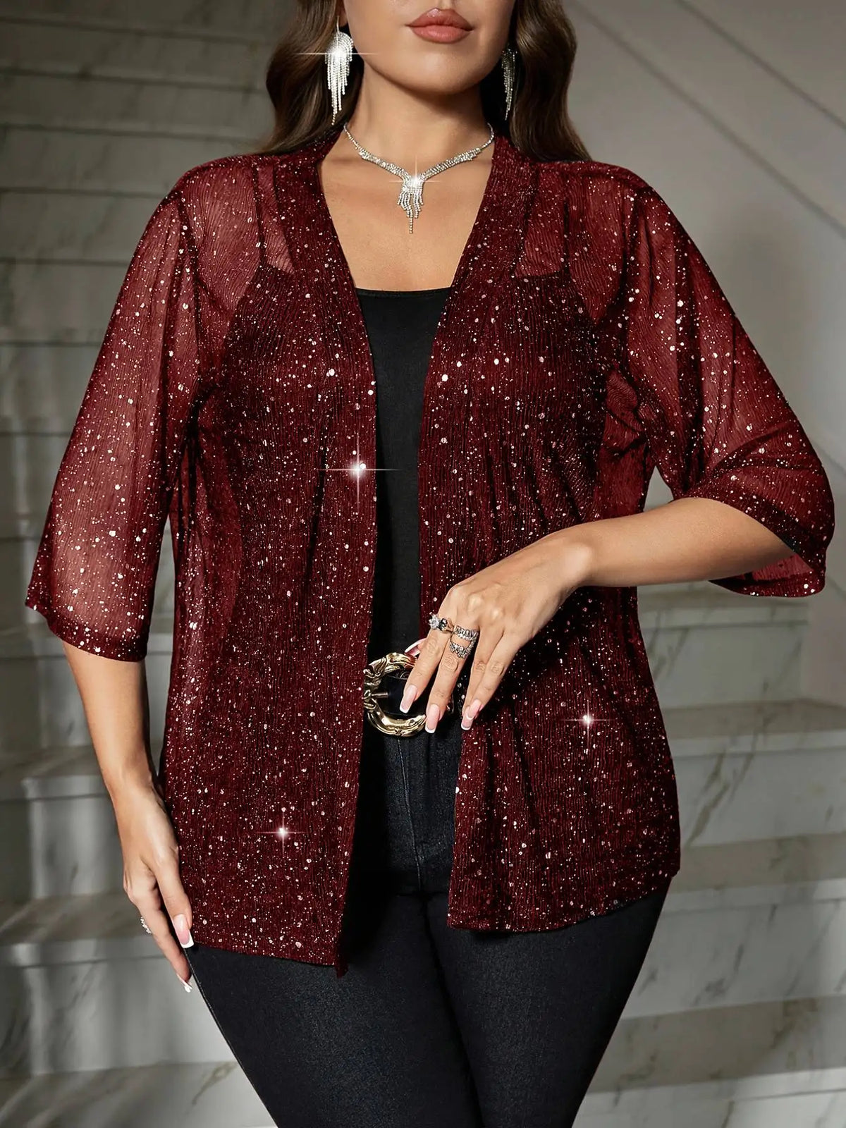 Plus Size Glitter Mesh Kimono Cardigan Women 3/4 Sleeve Open Front Shimmer Sheer Cover‑Up For Evening Party Club Occasion