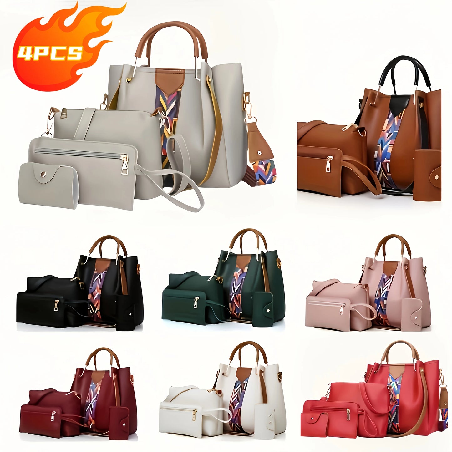 PU Leather 4 Piece Women's Handbag Set Tote Crossbody Clutch