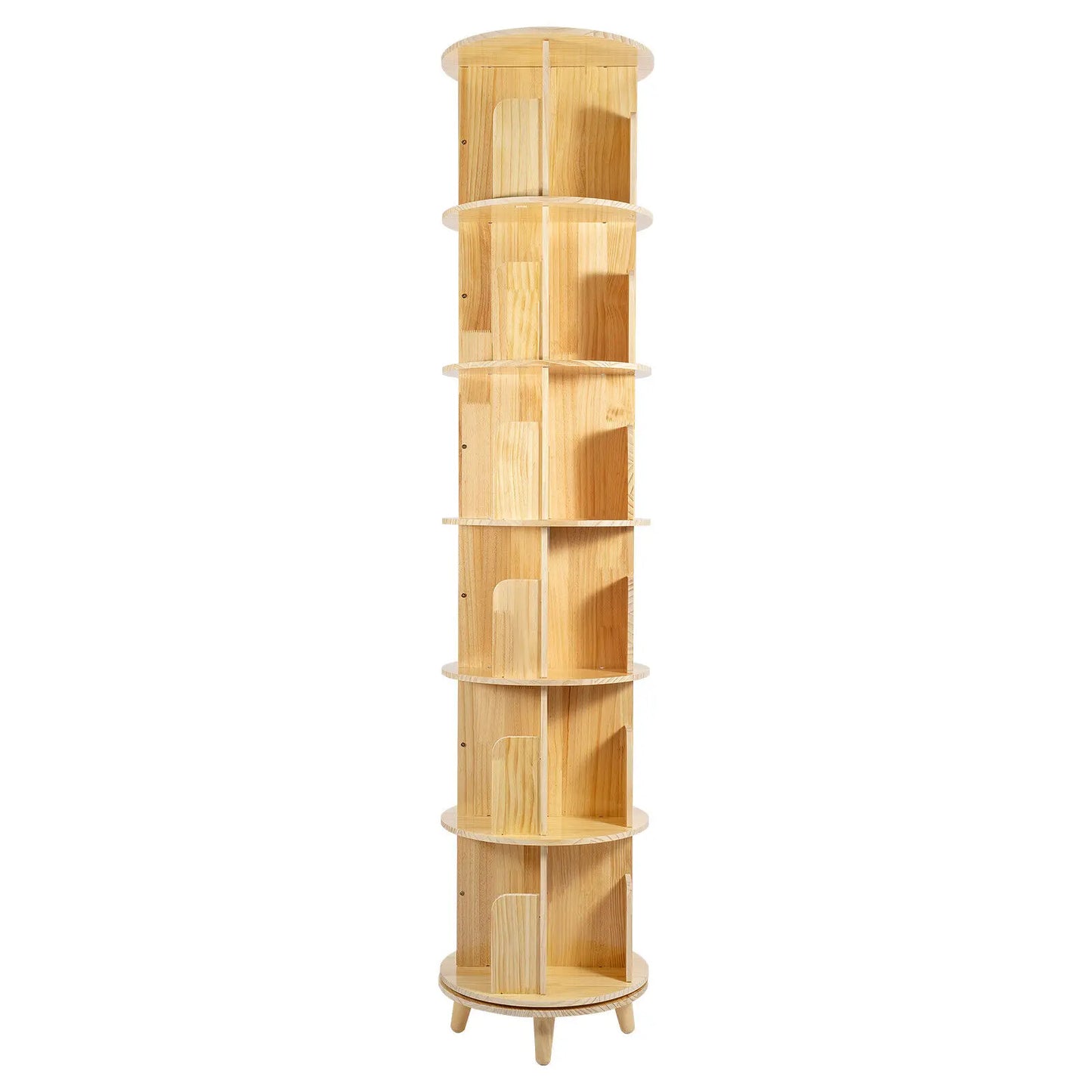 6-Tier 360° Rotating Bookshelf Pine Wood Storage Organizer for Kids Books Toys Home Decor
