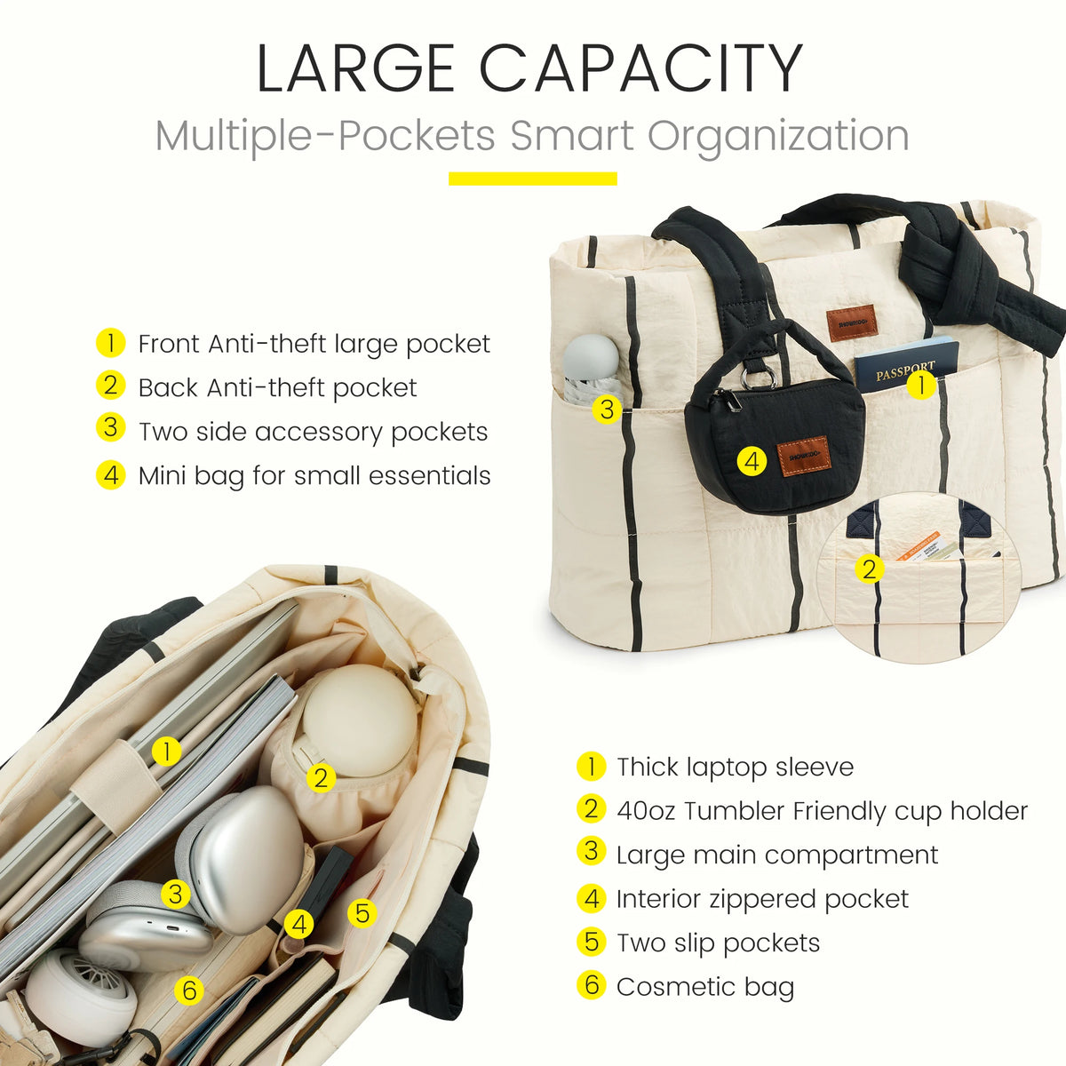 SHOWKOO Puffer Tote Bag for Women, Lightweight Quilted Tote Handbag with Mini Pouch, Nurse Bag for Travel College & Daily Use