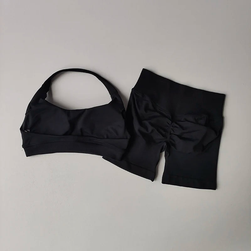 Halter Neck Sports Bra Shorts Set For Yoga Pilates