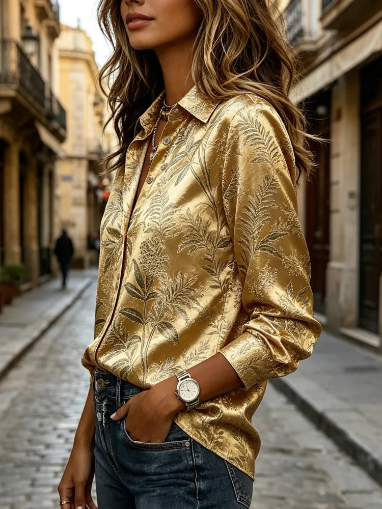 Women Gold Satin Leaf Collar Button Down Shirt