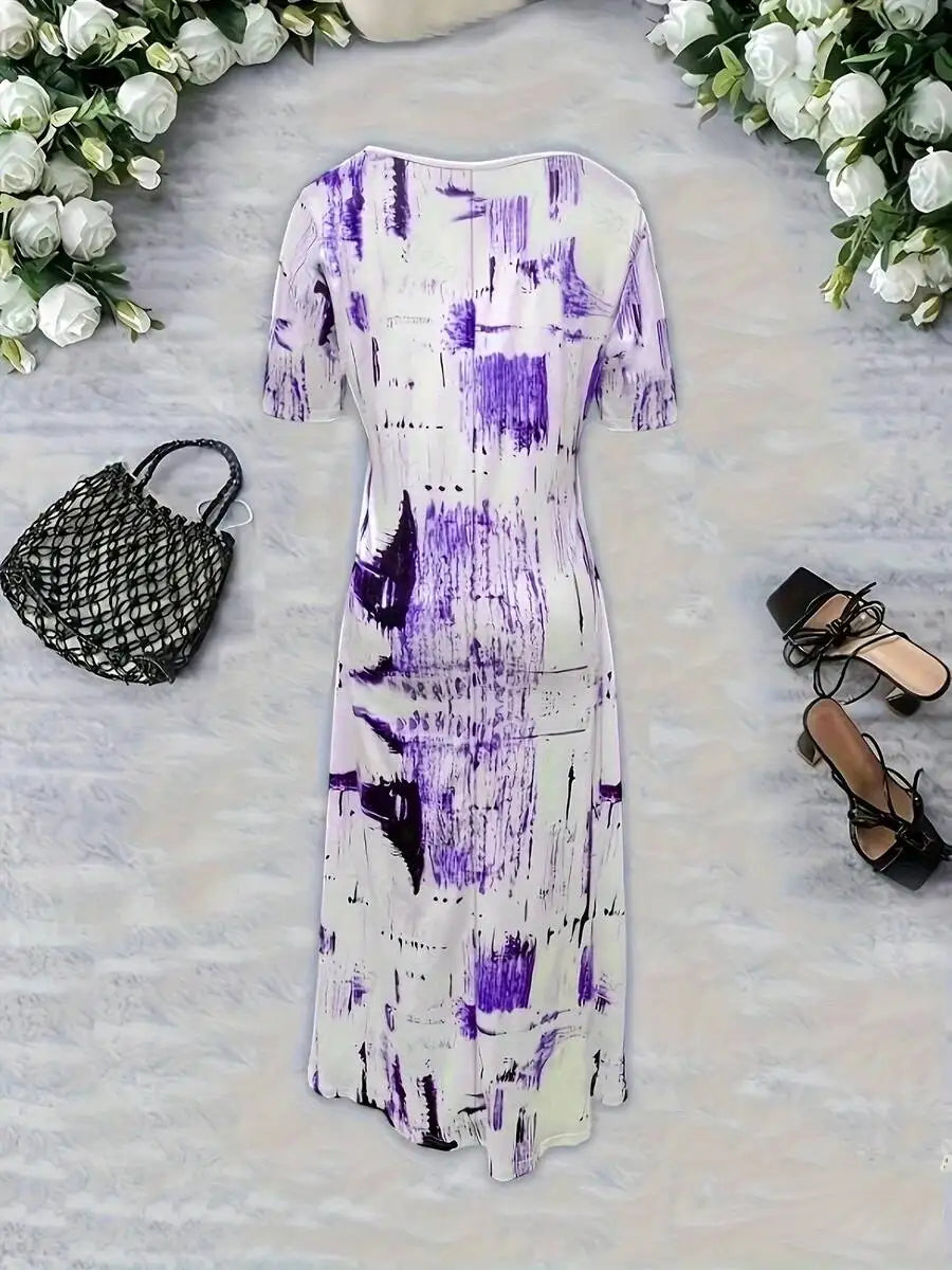 Women Elegant Loose Fit Printed Knit V Neck Casual Dress