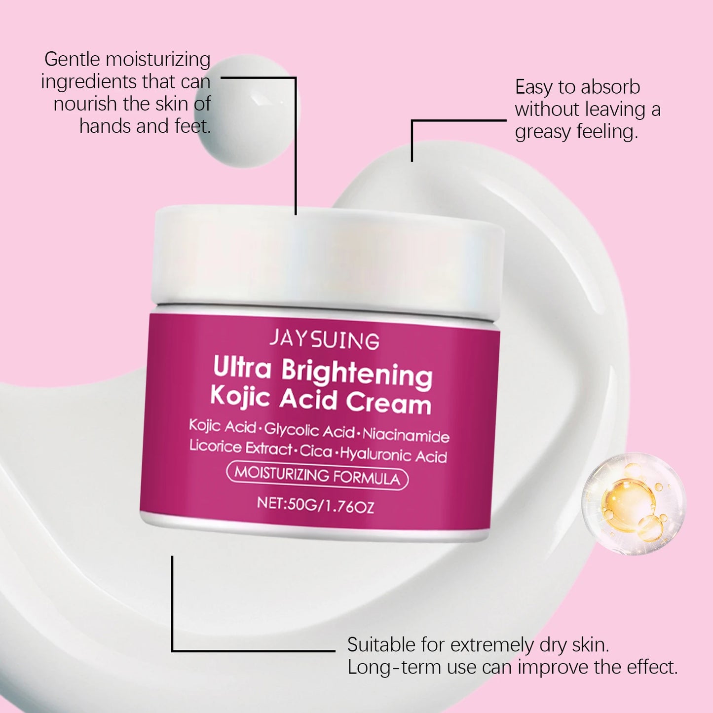 Jaysuing Kojic Acid Brightening Cream 50g Moisturizing Face Cream with Hyaluronic Acid Strengthen Skin Barrier Daily Moisturizer