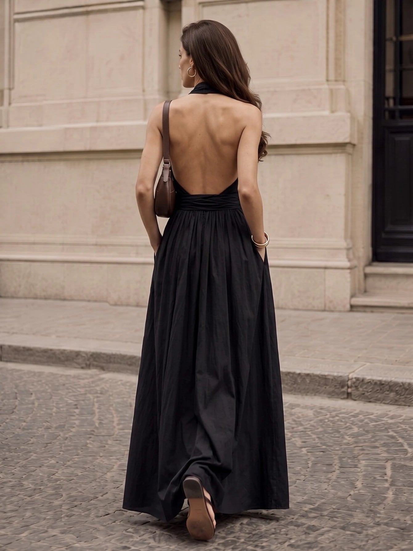 Women Halter V‑Neck Maxi Dress Waist Wrap Design Side Pockets Sleeveless Loose Long Dress Casual Daily Vacation Clothing