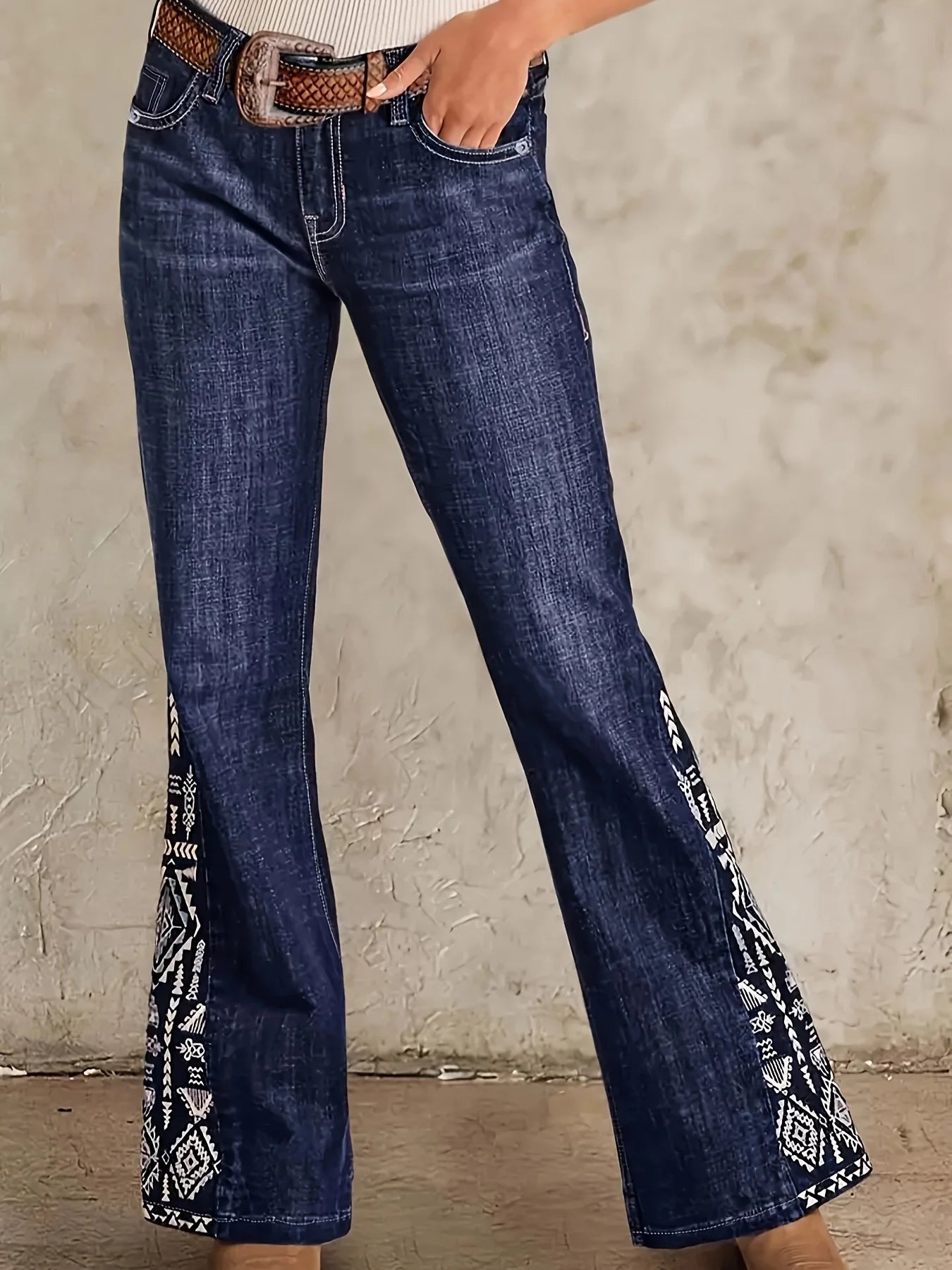 Women’s High Rise Wide Flare Jeans: Medium Wash Stretch Denim with Beaded Embroidery – Vintage Boho Western Cowboy Style