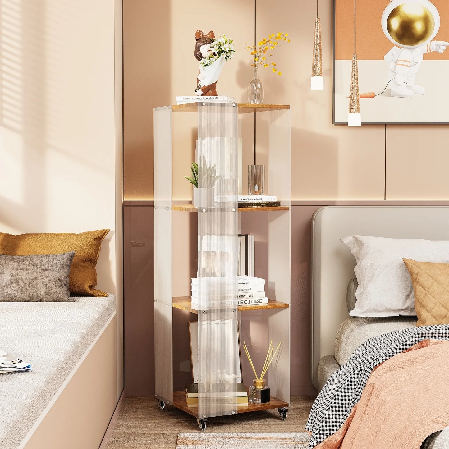 4-Tiered Storage Bookshelf Free Standing Acrylic Panels Storage Rack Shelving Unit on Wheels for Home Organization