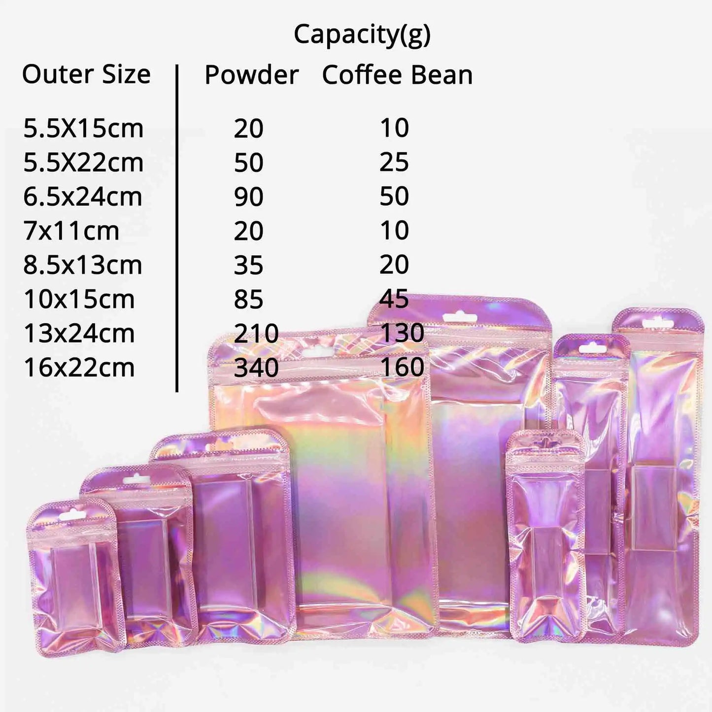 Holographic Self Sealing Resealable Pouch, Jewelry Packaging Gift Bags, Shiny Pink, Various Sizes, 100Pcs