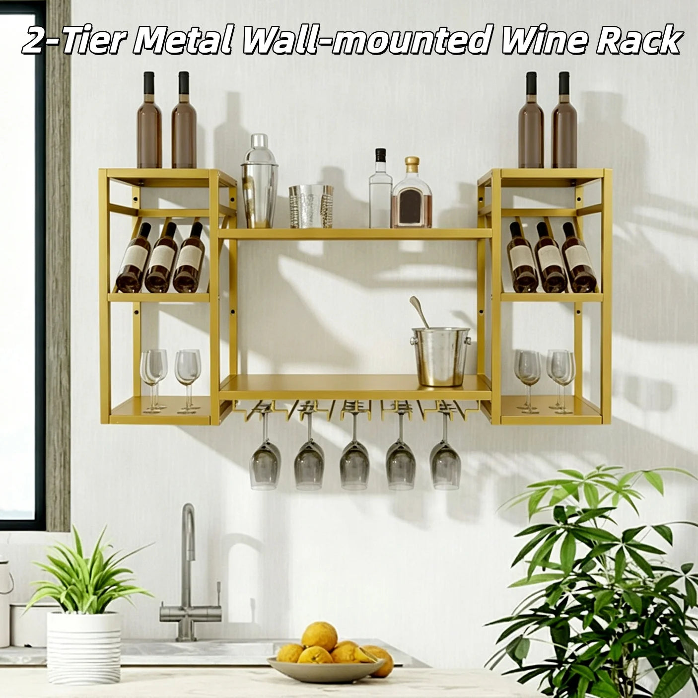 2-Tier Metal Wall-mounted Wine Rack 120*25*60 CM Metal Floating Bar Liquor Bottle Shelves for Kitchen Dining Room Bar Home Display