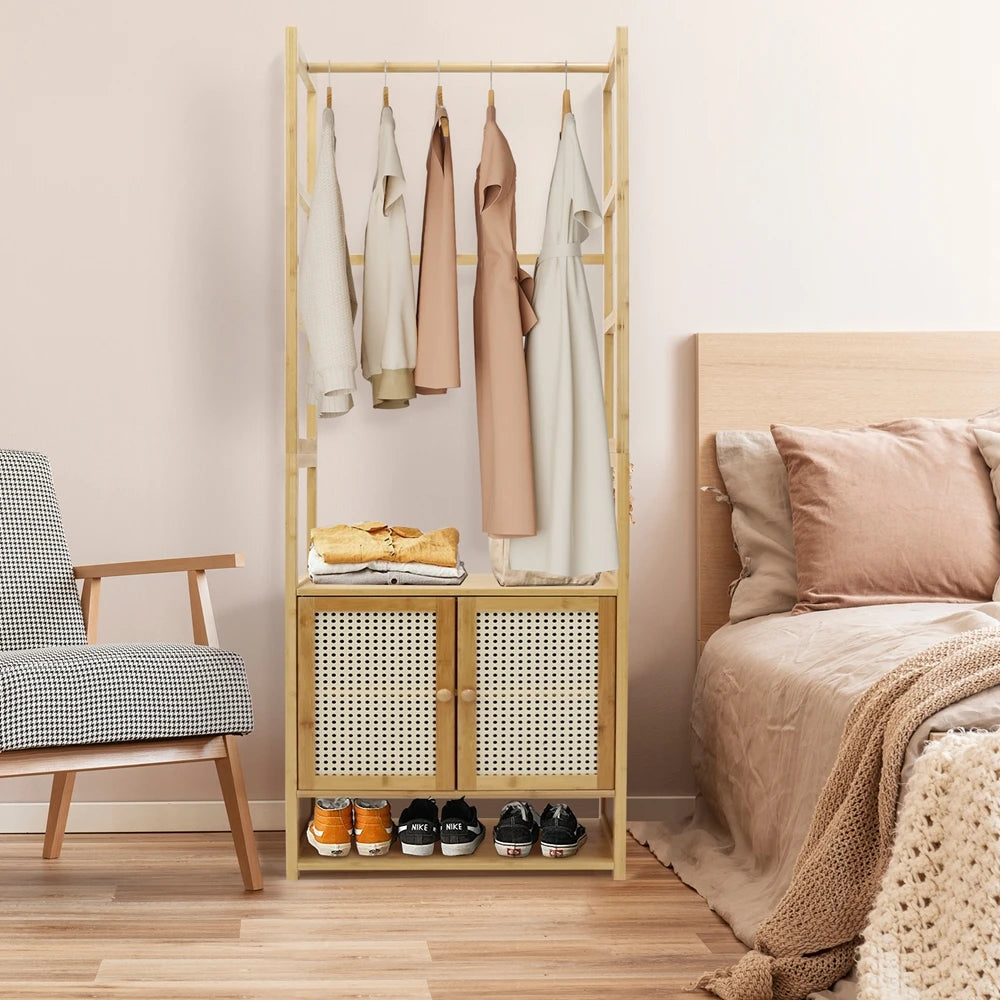 Free Standing Bamboo Clothes Rack Garment Coat Stand Shoe Storage Cabinet Shelf