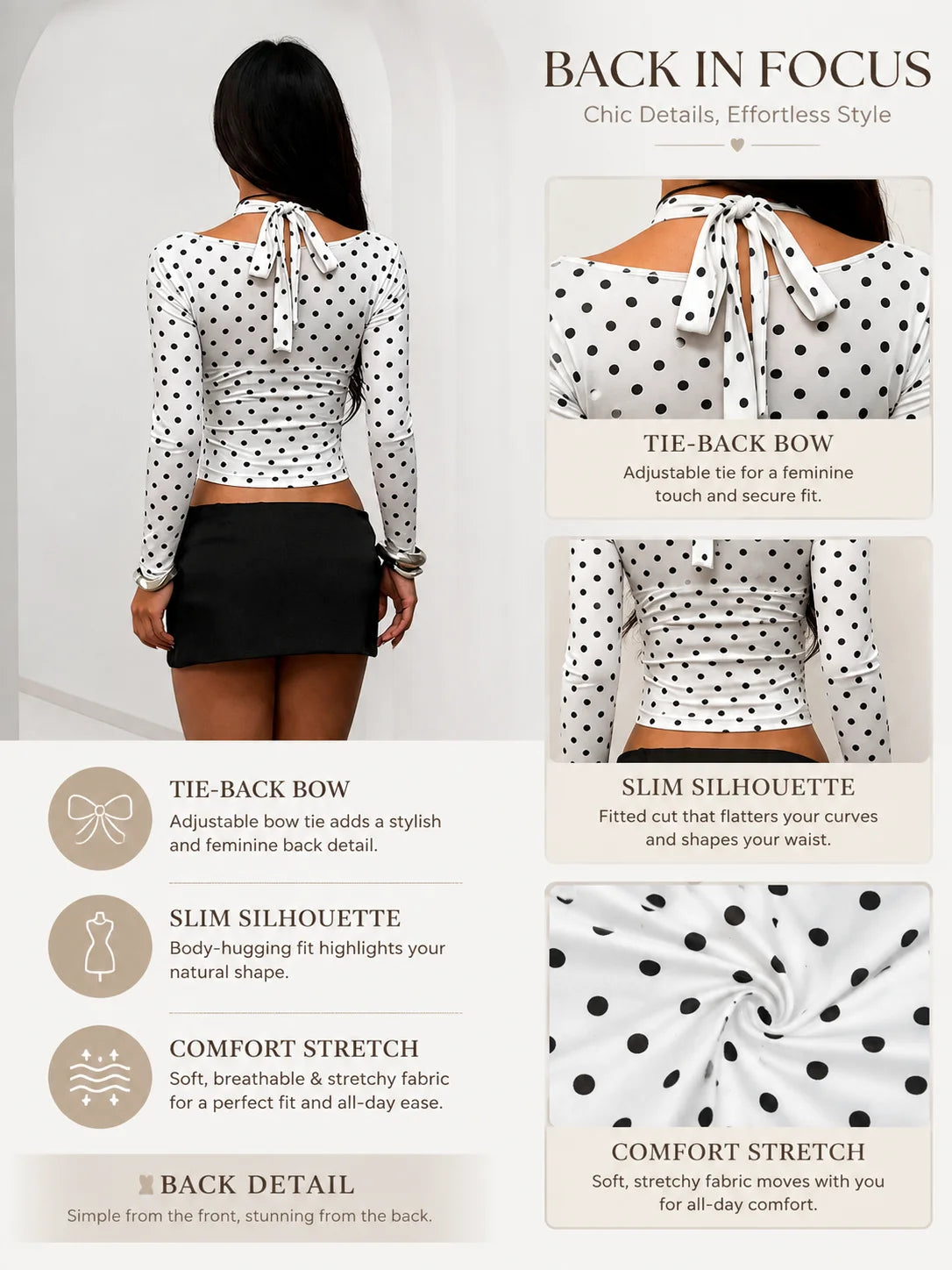 Women Deep V Neck Long Sleeve Polka Dot Slim Blouse