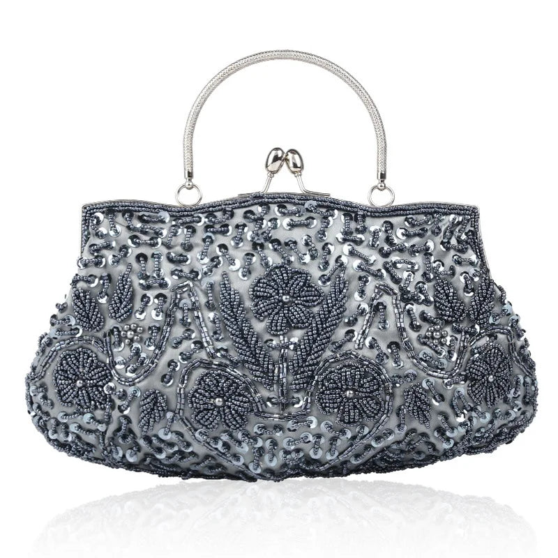 Handmade Beaded Floral Evening Clutch Purse With Kiss Lock