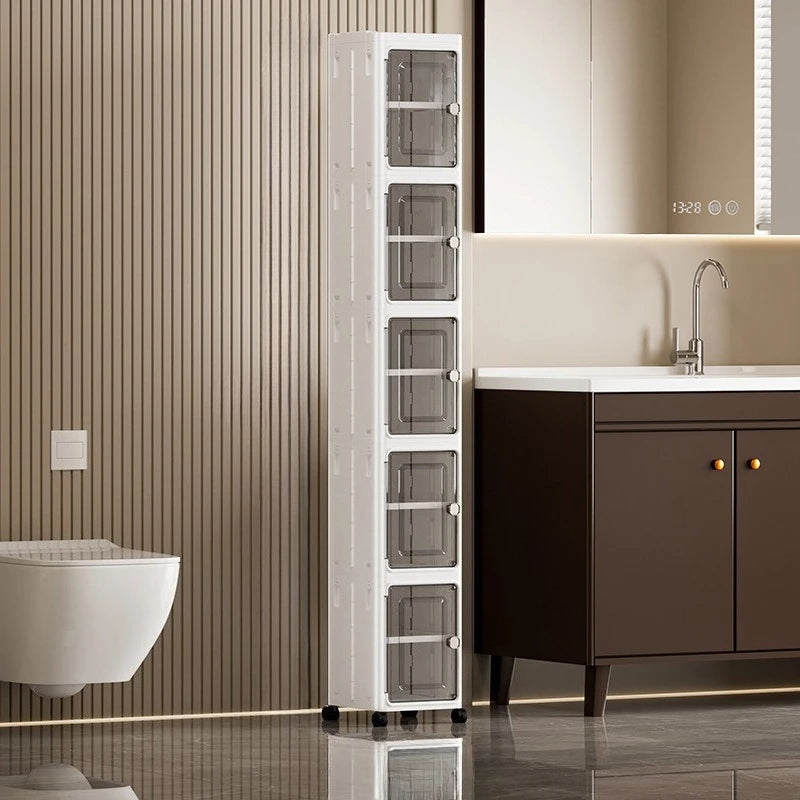 5-Tiers Slim Bathroom Storage Cabinet, Foldable Storage Cabinets,Narrow Bathroom Storage,Movable Bathroom Storage Organizer for Small Spaces,Bathroom,Kitchen,Laundry,White