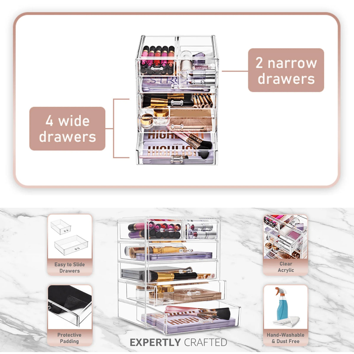 5-Tier Clear Makeup Organizer with 6 Drawers, Large Capacity Cosmetic Storage Case for Vanity Bathroom Dorm Desk, Skincare Jewelry Holder, Space Saver