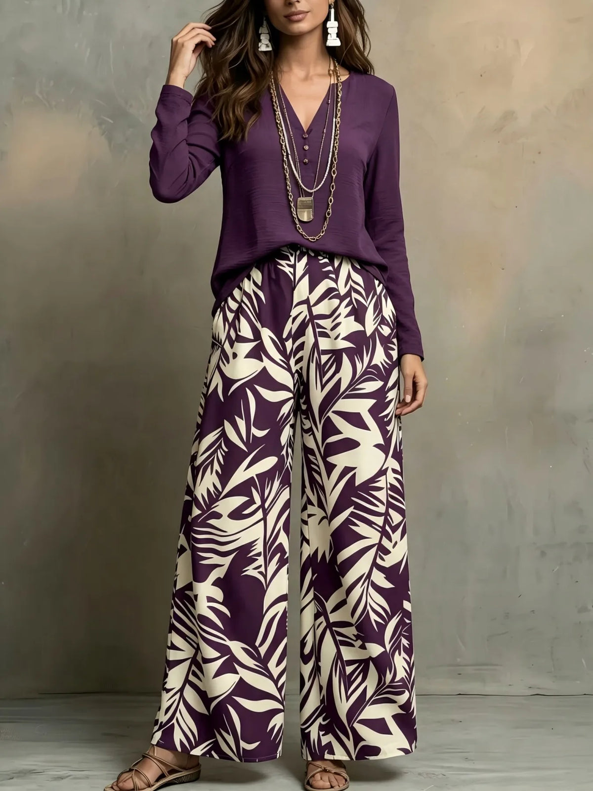 Womens Leaf Print V Neck Blouse Wide Leg Pants Set