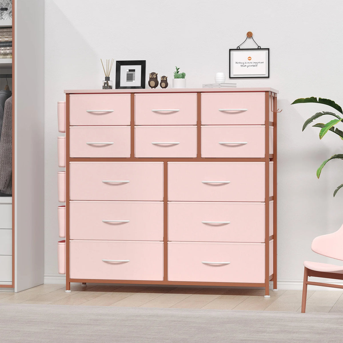 12-Drawer Dresser for Bedroom,Cloth Storage Tower,Fabric Storage Cabinet,Chest of Drawer with Side Pockets,Metal Frame,Wood Top
