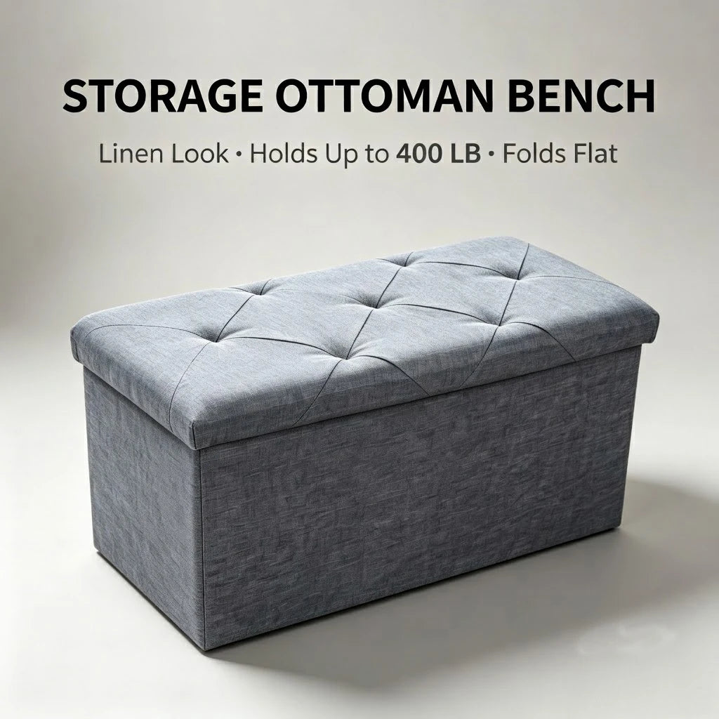 Folding Storage Ottoman Bench and Cube, Gray Tufted Fabric Storage Chest Footrest Seat with 400 lb Capacity for Bedroom Entryway Living Room, Multiple Sizes