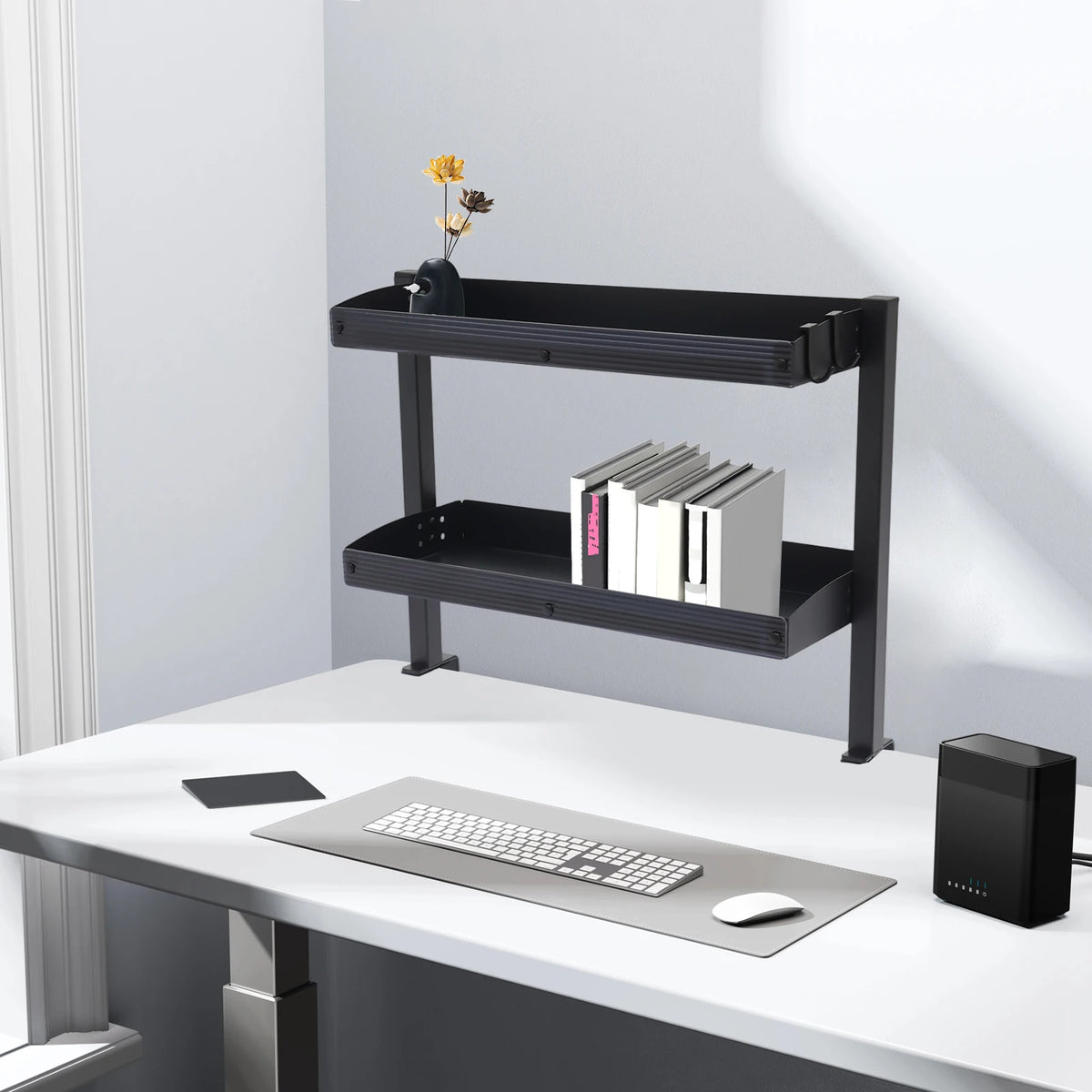 2-Tier Clip-on Desk Shelf Adjustable Storage Tray Space-saving Table Holder for Offices, Bedrooms, Living Rooms Black/White