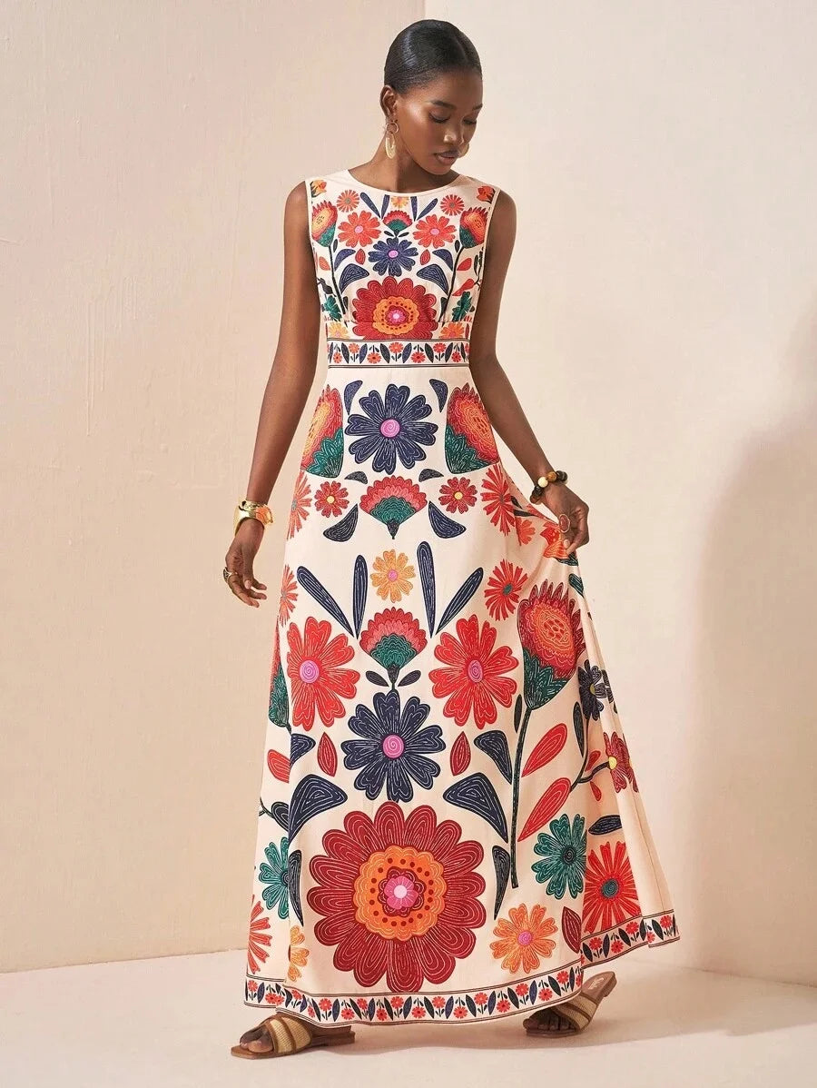 Women Polyester Floral Embroidery Maxi Dress Sleeveless Round Neck