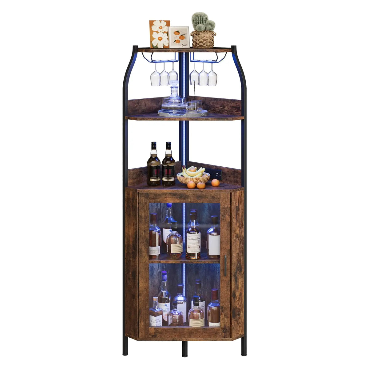 Corner Bar Cabinet With Power Outlet And LED Lights, 5 Tier Industrial Wine Rack, Glass Holder Liquor Storage Display For Small Spaces