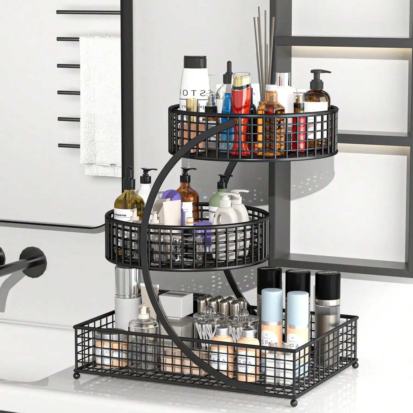 3-Tier Circular Metal Storage Rack, No Assembly Required Polished Cosmetics Organizer, Multi-Purpose Skincare Display Stand for Vanity Bathroom Kitchen Countertop