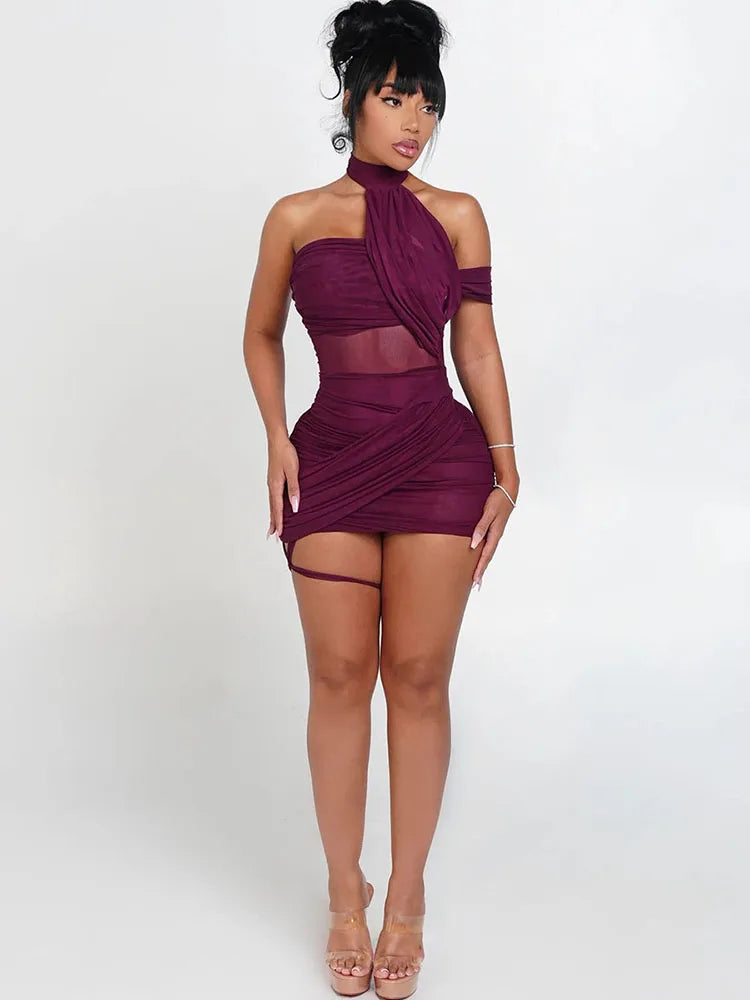 XTOCEAN See Through Sexy Dress Women Y2K Cross Bandage Backless Halter Sleeveless Summer Trend Midnight Clubwear Mini Bodycon