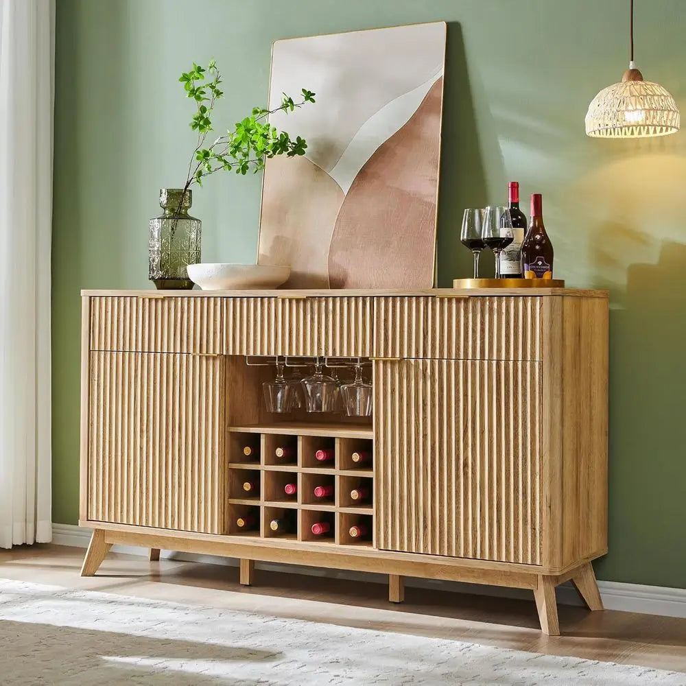 luted Wine Bar Cabinet, 60" Wide ern Buet Sideboard with Ample Storage - 2 Side Cabi, 3 Ders, 4 Glass Holders & 12 Wine Racks, C