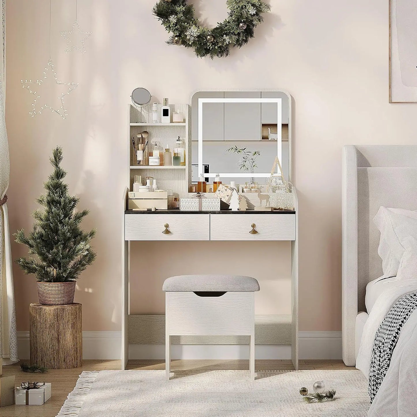 Vanity Desk With LED Lighted Mirror, Charging Station, 2 Drawers, Storage Stool, Mini Makeup Table Set For Bedroom Women & Girls