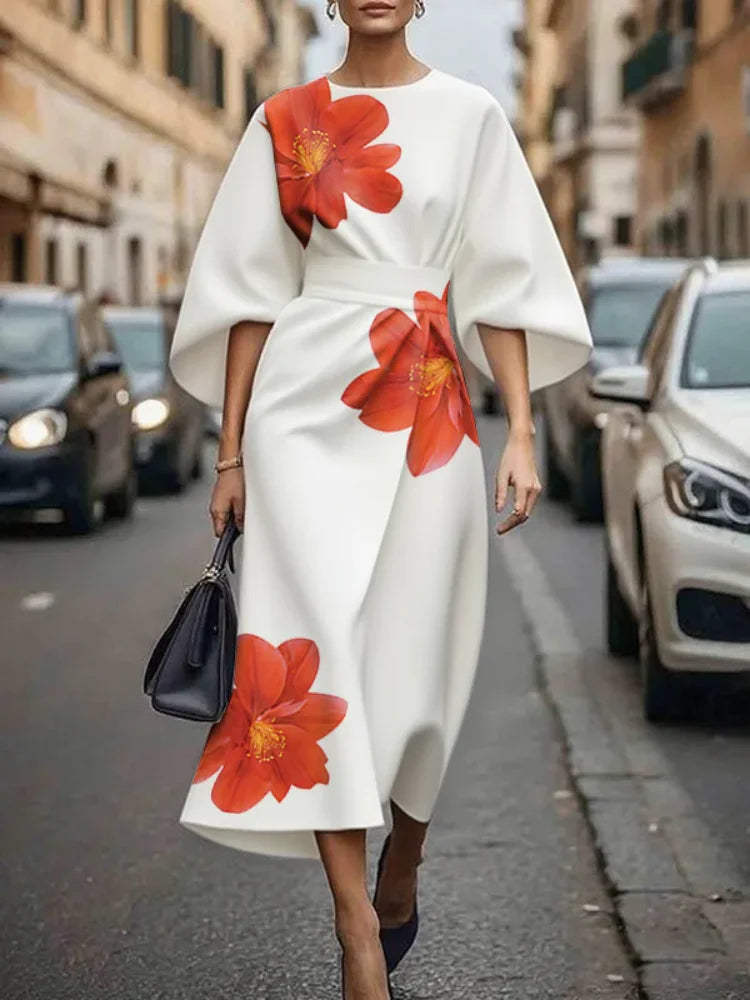 Satin Puff Sleeve Round Neck Tie-Dye Dress