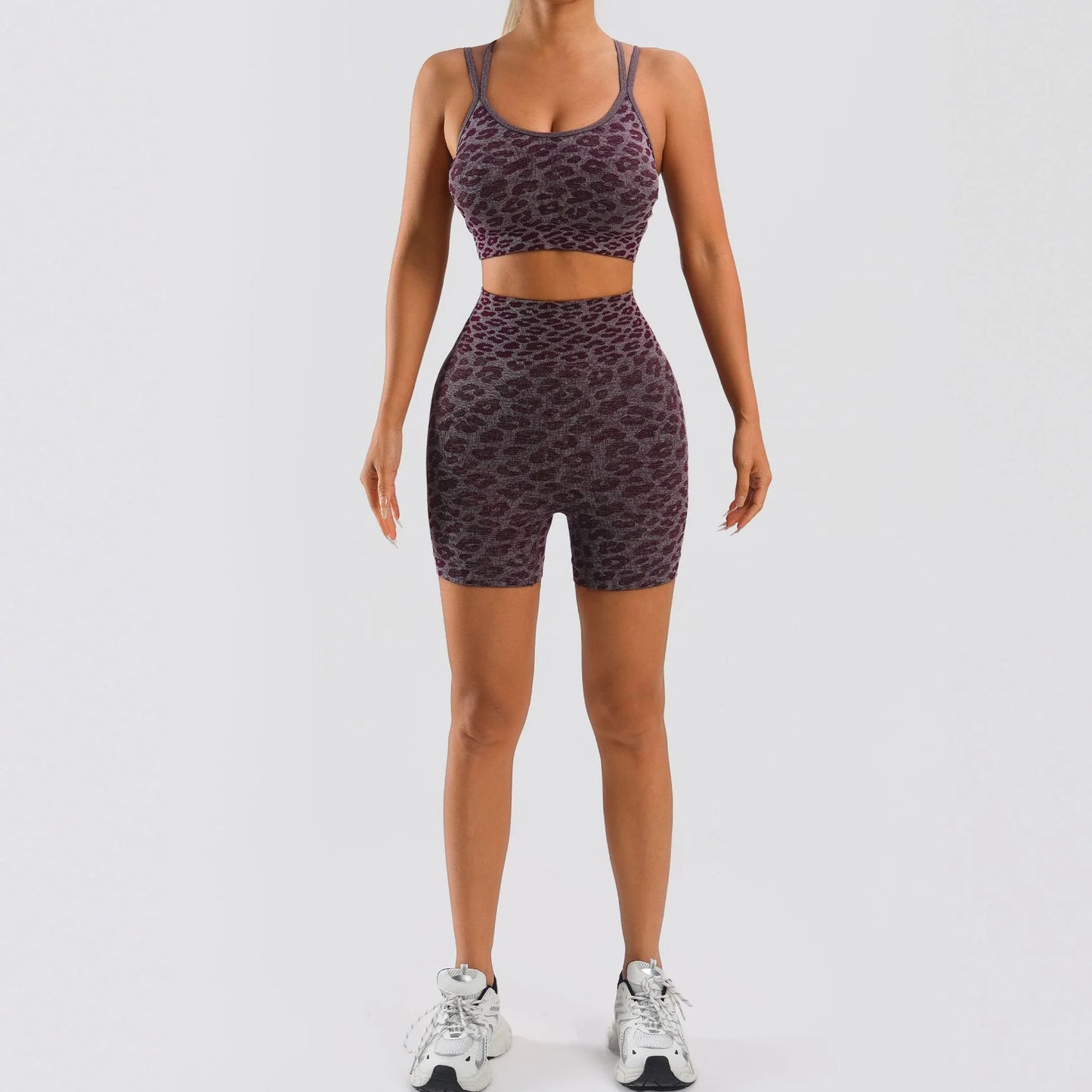 Leopard Print Two Piece Workout Set For Women Crop Tank